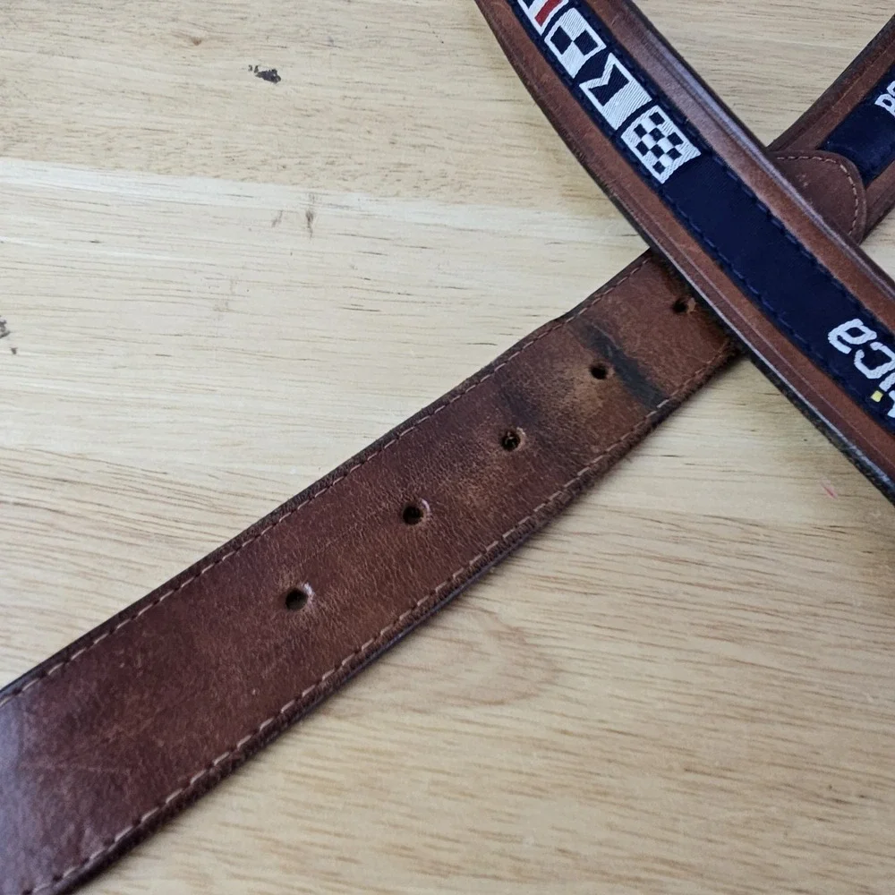 Nautica Belt Mens 40 Nautical Code Flags Embroidered Navy‎ Blue Brown Leather
